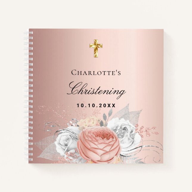 Gästebuch Taufe Rose Goldfloralen Silber Notizbuch (Vorderseite)