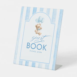 Gästebuch Teddybär Blaue Streifen Baby Shower Sockelschild
