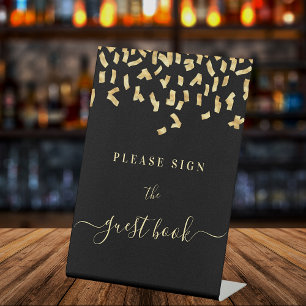 Gästebuch unterschreiben schwarze goldene Konfetti Sockelschild