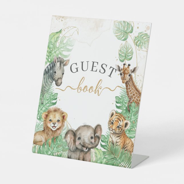 Gästebuch von Safari animal Tropical Baby Shower Sockelschild (Vorderseite)
