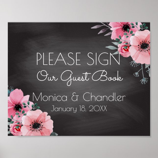 Gästebuch Wedding Sign | Elegantes Blumenkhalkboar (Vorne)