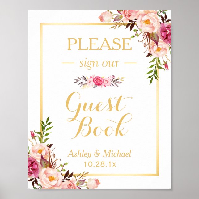 Gästebuch Wedding Sign | Elegantes Chic Floral Gol (Vorne)