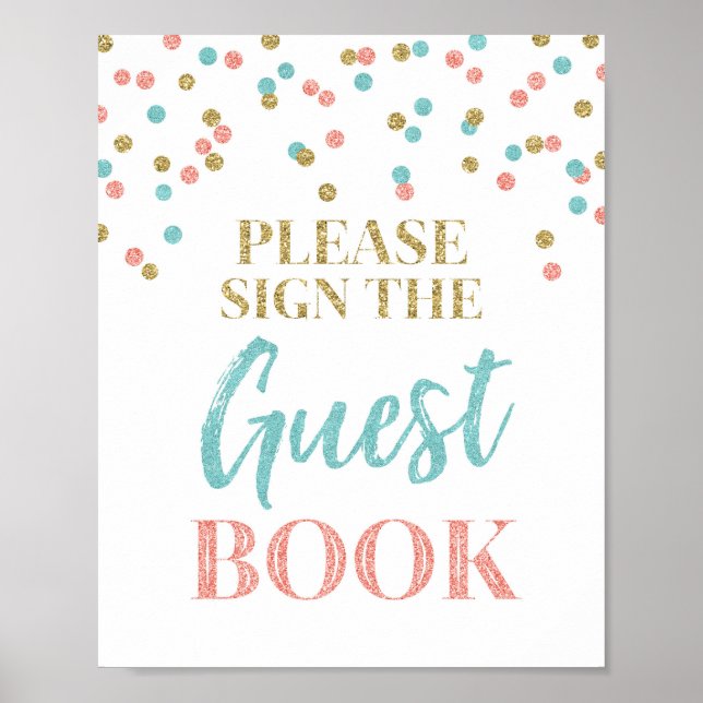 Gästebuch Wedding Sign Gold Aquamarin Coral Confet (Vorne)