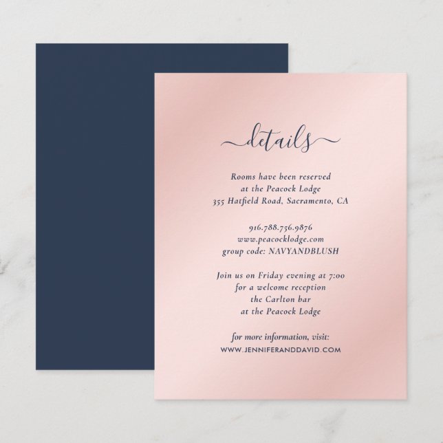 Gästekarten für Navy Blue und Blush Begleitkarte (Vorne/Hinten)
