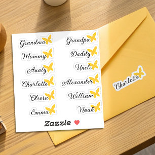 Gästeliste 12 Namen Kalligrafie Gelbe Schmetterlin Aufkleber