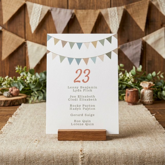 Gästeliste für die Tischnummer der Hochzeitskarte (Bunting wedding table number card guest name list.)
