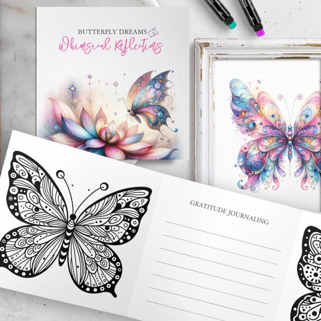 Gastgeschenk-Farbgebung und -Journalisierung Dreifach Gefaltete Einladung (Butterfly birthday party favor idea features a trifold coloring and journaling experience. )