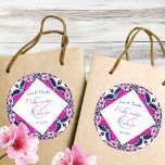 Gastgeschenk Hochzeit aus rosa und blau-mexikanisc Runder Aufkleber<br><div class="desc">Pink und blau mexikanische Spanischen Talavera Fliesen Hochzeit danke Ihnen für Vorlagenaufkleber Braut und Bräutigam Namen Gunst Sticker</div>