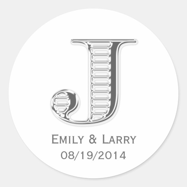Gastgeschenk Hochzeit aus weißem Chrommonogramm J Runder Aufkleber (Vorderseite)