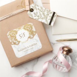 Gastgeschenk Hochzeit aus weißem Marmor Quadratischer Aufkleber