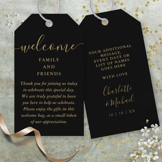 Gastgeschenk Hochzeit Begrüßungskörbe Schwarz und  Geschenkanhänger (Wedding Favor Welcome Basket Bag Black And Gold Gift Tags)