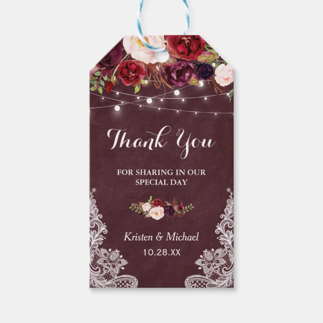 Gastgeschenk Hochzeit Burgundy Floral Lace Vielen  Geschenkanhänger (Vorderseite)