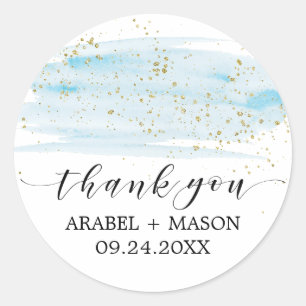 Gastgeschenk Hochzeit für Aquarellblau und Goldlau Runder Aufkleber