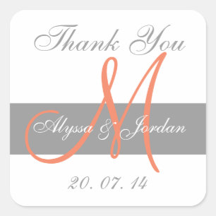 Gastgeschenk Hochzeit für graue Orange-Monogramm-N Quadratischer Aufkleber