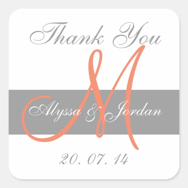 Gastgeschenk Hochzeit für graue Orange-Monogramm-N Quadratischer Aufkleber (Vorderseite)