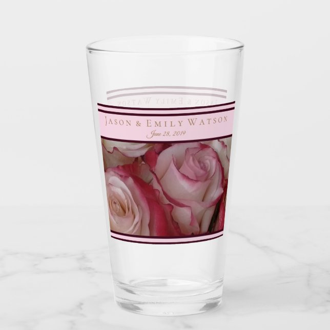 Gastgeschenk Hochzeit Glas Weißrosa Rose Weinakzen (Vorderseite)