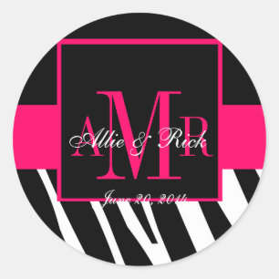 Gastgeschenk Hochzeit-Labels für rosa Zebra-Monogr Runder Aufkleber