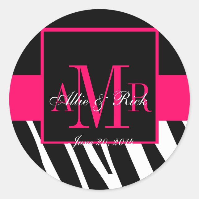 Gastgeschenk Hochzeit-Labels für rosa Zebra-Monogr Runder Aufkleber (Vorderseite)