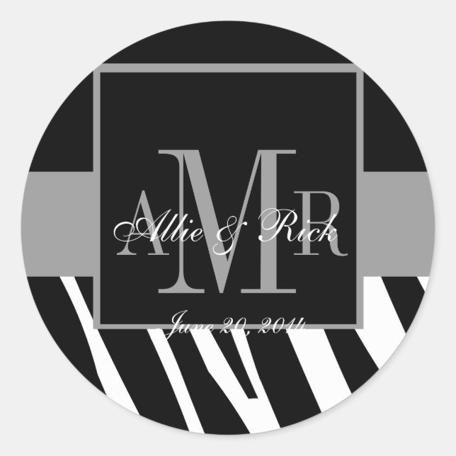 Gastgeschenk Hochzeit Labels Zebra Monogram-Namen Runder Aufkleber (Vorderseite)