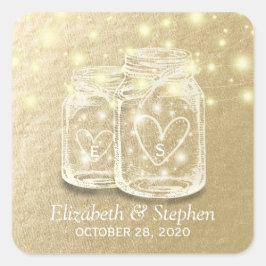 Gastgeschenk Hochzeit Mason Jar String Lights Gold Quadratischer Aufkleber