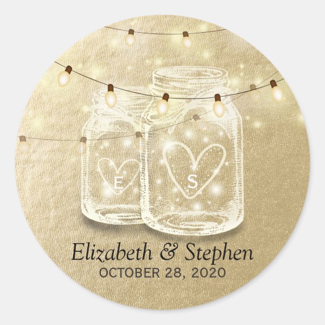 Gastgeschenk Hochzeit Mason Jar String Lights Gold Runder Aufkleber (Vorderseite)