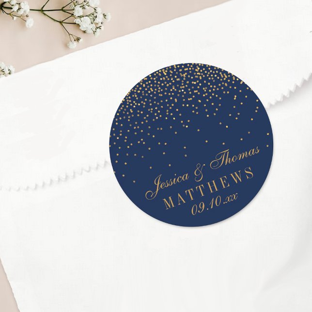 Gastgeschenk Hochzeit Navy Blue & Glam Gold Confet Runder Aufkleber (Von Creator hochgeladen)
