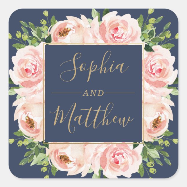 Gastgeschenk Hochzeit Navy Blush Pink Blumengrün Quadratischer Aufkleber (Vorderseite)