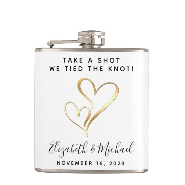 Gastgeschenk Hochzeit schießt, wir tippen den Knot Flachmann (Vorderseite)