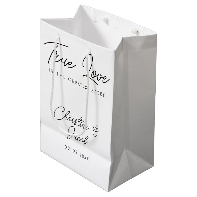 Gastgeschenk Hochzeit schlichtes modernes Brautpar Mittlere Geschenktüte (Vorderseite Schrägansicht)