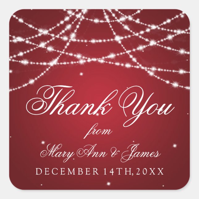 Gastgeschenk Hochzeit Tag Sparkling String Red Quadratischer Aufkleber (Vorderseite)