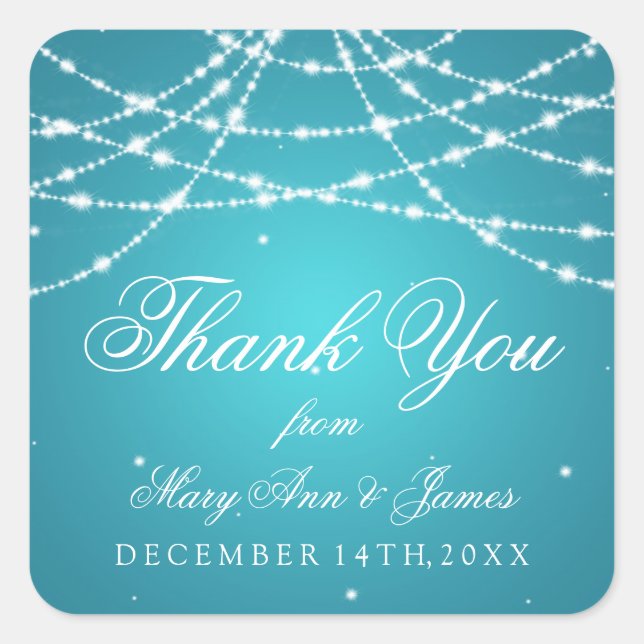 Gastgeschenk Hochzeit Tag Sparkling String Türkis Quadratischer Aufkleber (Vorderseite)