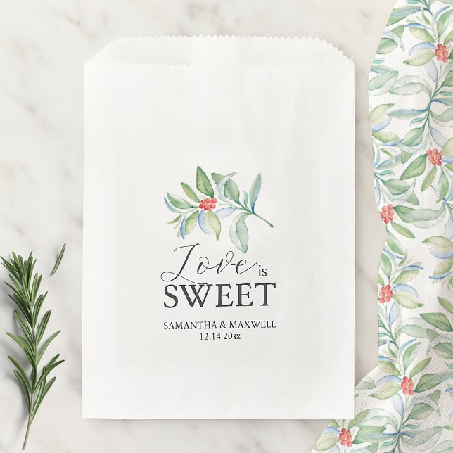 Gastgeschenk Hochzeit Taschen Liebe ist süße botan Geschenktütchen (flat lay of gift bags for xmas features watercolor botanical art and the words Love is Sweet custom)