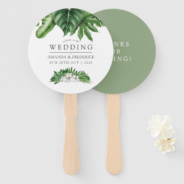 Gastgeschenk Hochzeit Tropical Green Foliage Fächer (Vorne und Hinten)