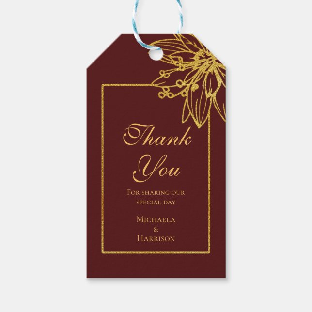 Gastgeschenk Hochzeit von Burgund und Goldflora Geschenkanhänger (Vorderseite)