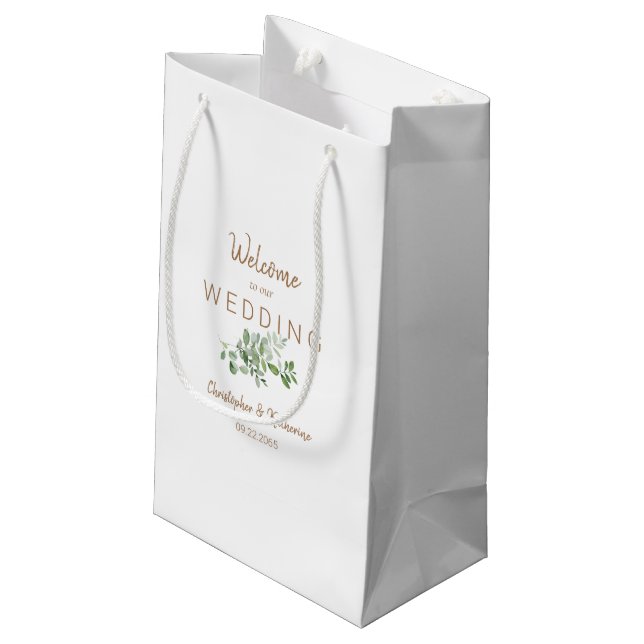 Gastgeschenk Hochzeit Weißer Coupé Goldtext Kleine Geschenktüte (Rückseite Schrägansicht)
