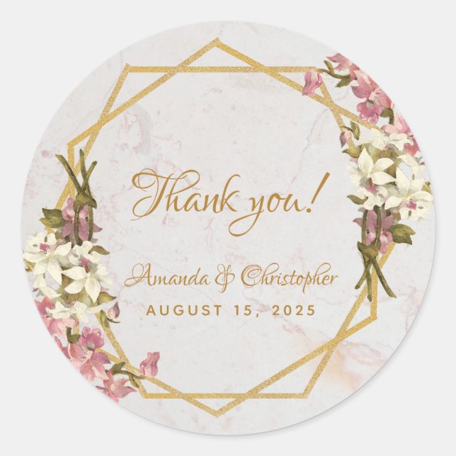 Gastgeschenk Hochzeit zur Geometrischen Blütenmarb Runder Aufkleber (Vorderseite)
