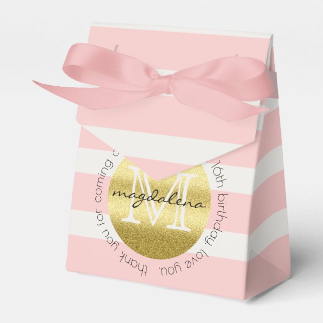 Gastgeschenk Monogram Gold Glitzer Rosa Streifen Geschenkschachtel (Vorderseite)