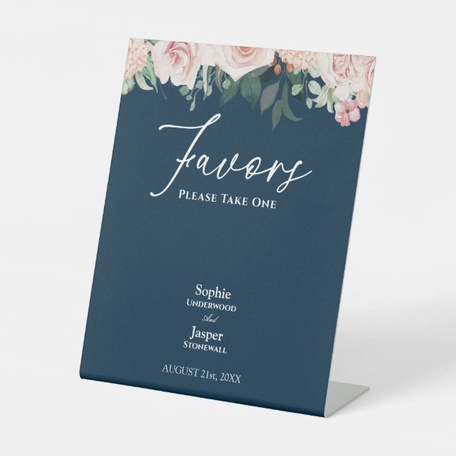Gastgeschenke Hochzeiten der Blush Floral Navy Sockelschild (Vorderseite)