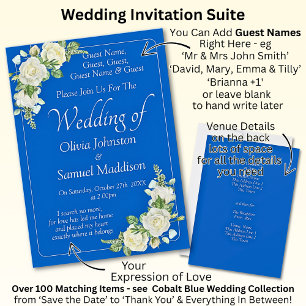 Gastnamen, Cobalt Blue & White Roses Hochzeit Einladung