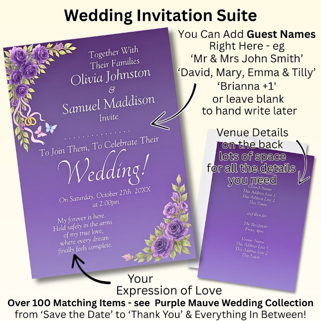 Gastnamen, Lila Mauve-Blume & White Wedding Einladung (Von Creator hochgeladen)