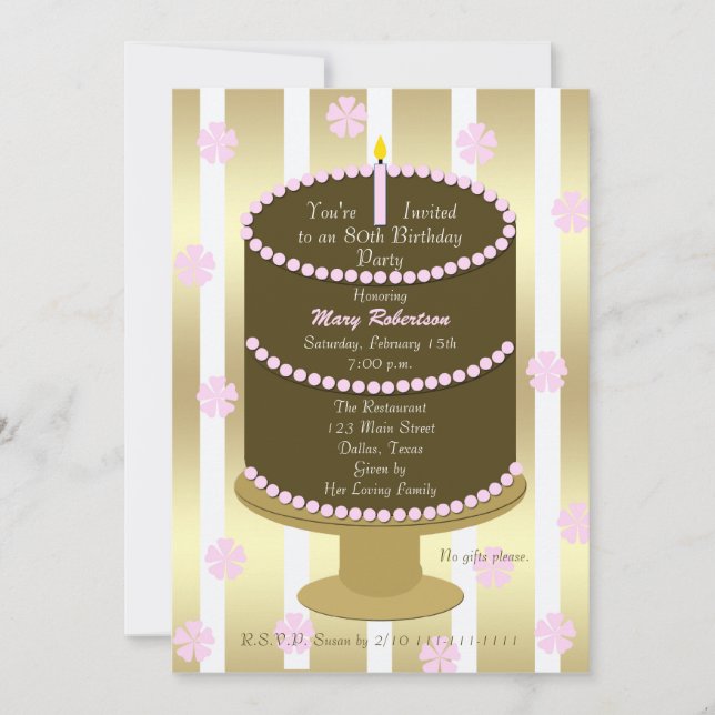 Gâteau 80e anniversaire Invitation fête 80e en ros (Devant)