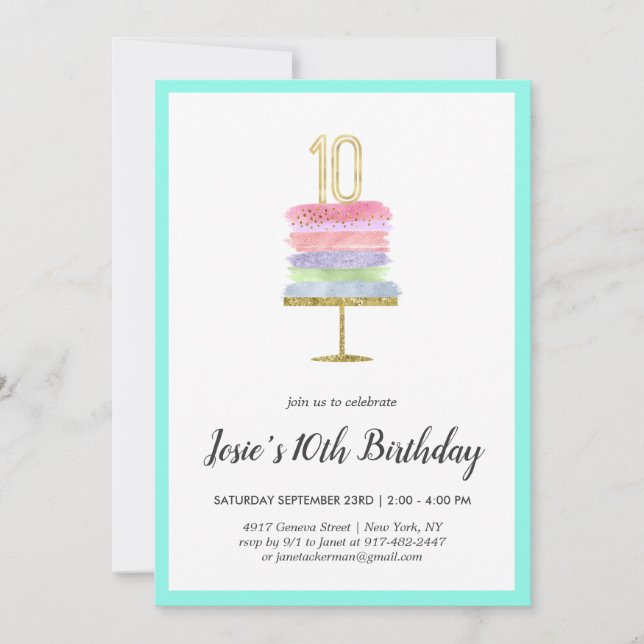 Gâteau Arc-en-Ciel | Invitation pour les 10 ans (Devant)