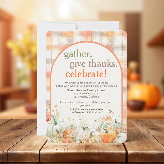Gather Together Gingham Thanksgiving Invitation Einladung (Gather Give Thanks Celebrate arch Thanksgiving invitation card with gingham pattern”)