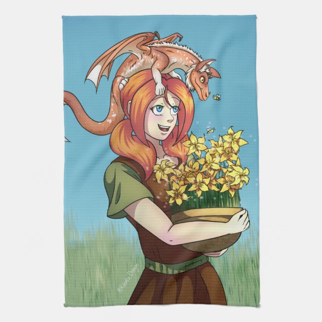 Gathering Flowers with a Dragon Geschirrtuch (Vertikal)