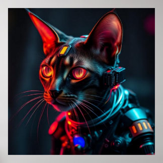 Gato ciborg futurista sobre fondo negro estilo cyb poster