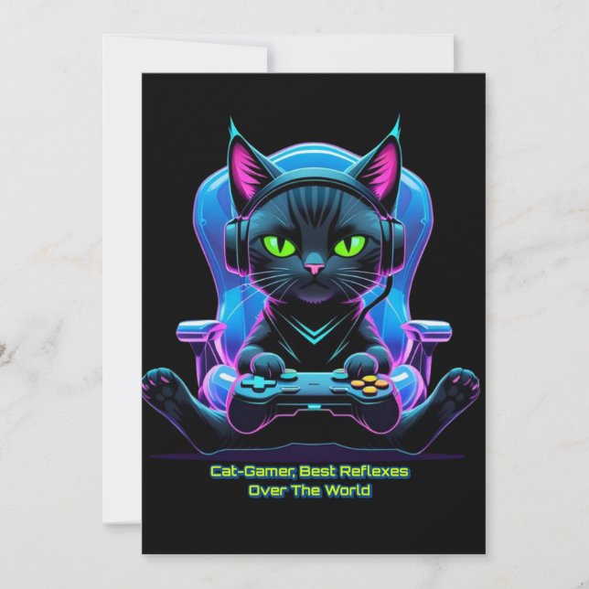 Gato gamer futurista con joystick y actitud felina einladung (Vorderseite)