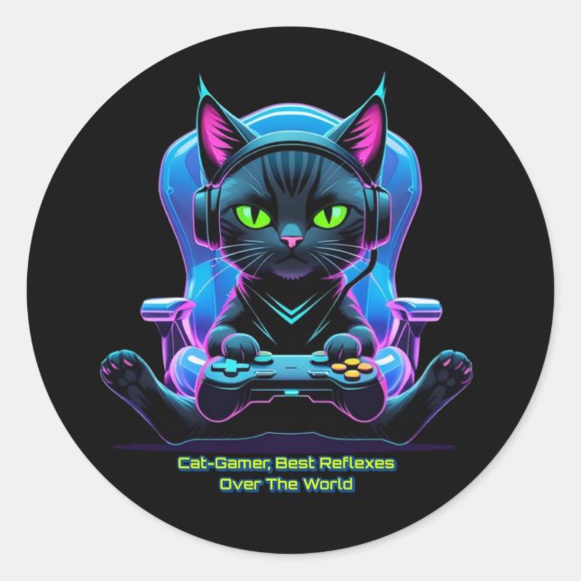Gato gamer futurista con joystick y actitud felina runder aufkleber (Vorderseite)