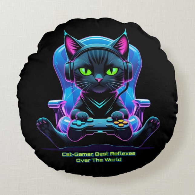 Gato gamer futurista con joystick y actitud felina rundes kissen (Vorderseite)