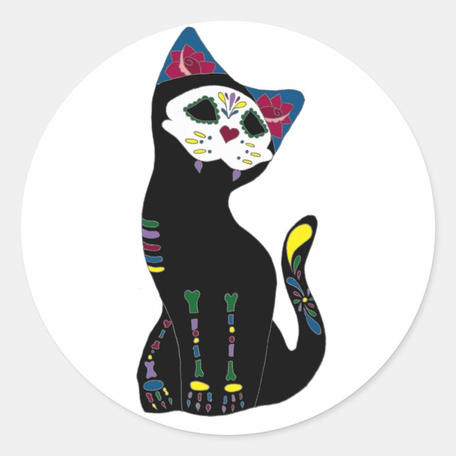 'Gato Muerto' Dia De Los Muertos Cat Runder Aufkleber (Vorderseite)