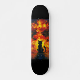 Gato Negro en Estilo Acuarela con Fondo Llameante Skateboard
